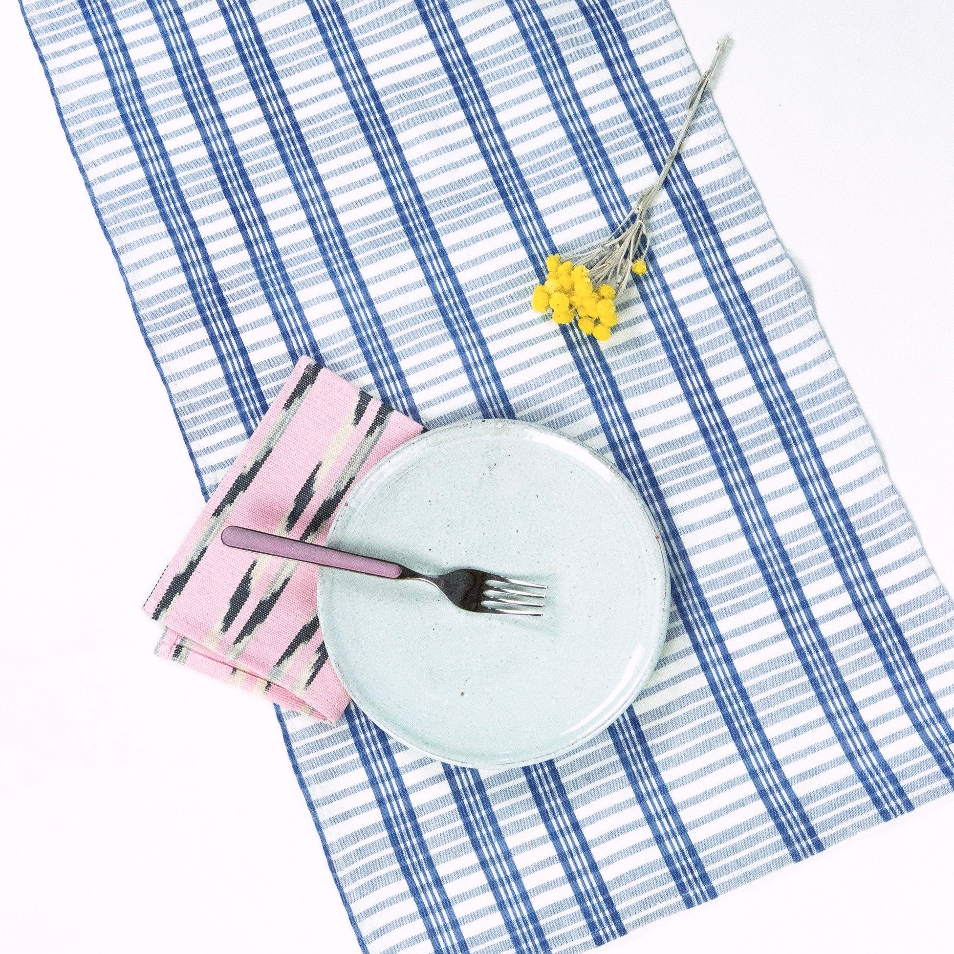 Coco Plaid Table Runner in Natural Indigo