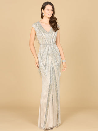 Beaded Fringe V-Neckline Dress with Cap Sleeves
