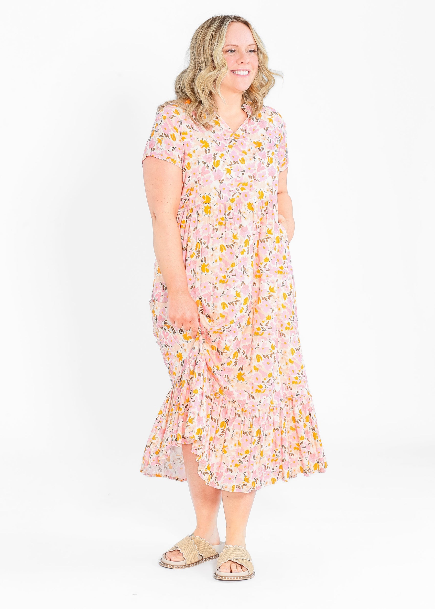 Jaydrien Floral Flutter Sleeve Midi Dress - By Baano