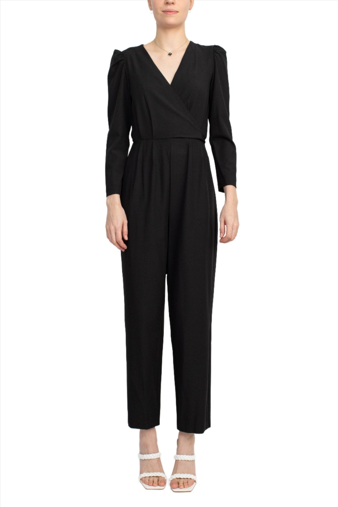 Julia Jordan V - Neck Long Sleeve Tie Back Zipper Back Solid Stretch Crepe Jumpsuit - Glamourous Grace
