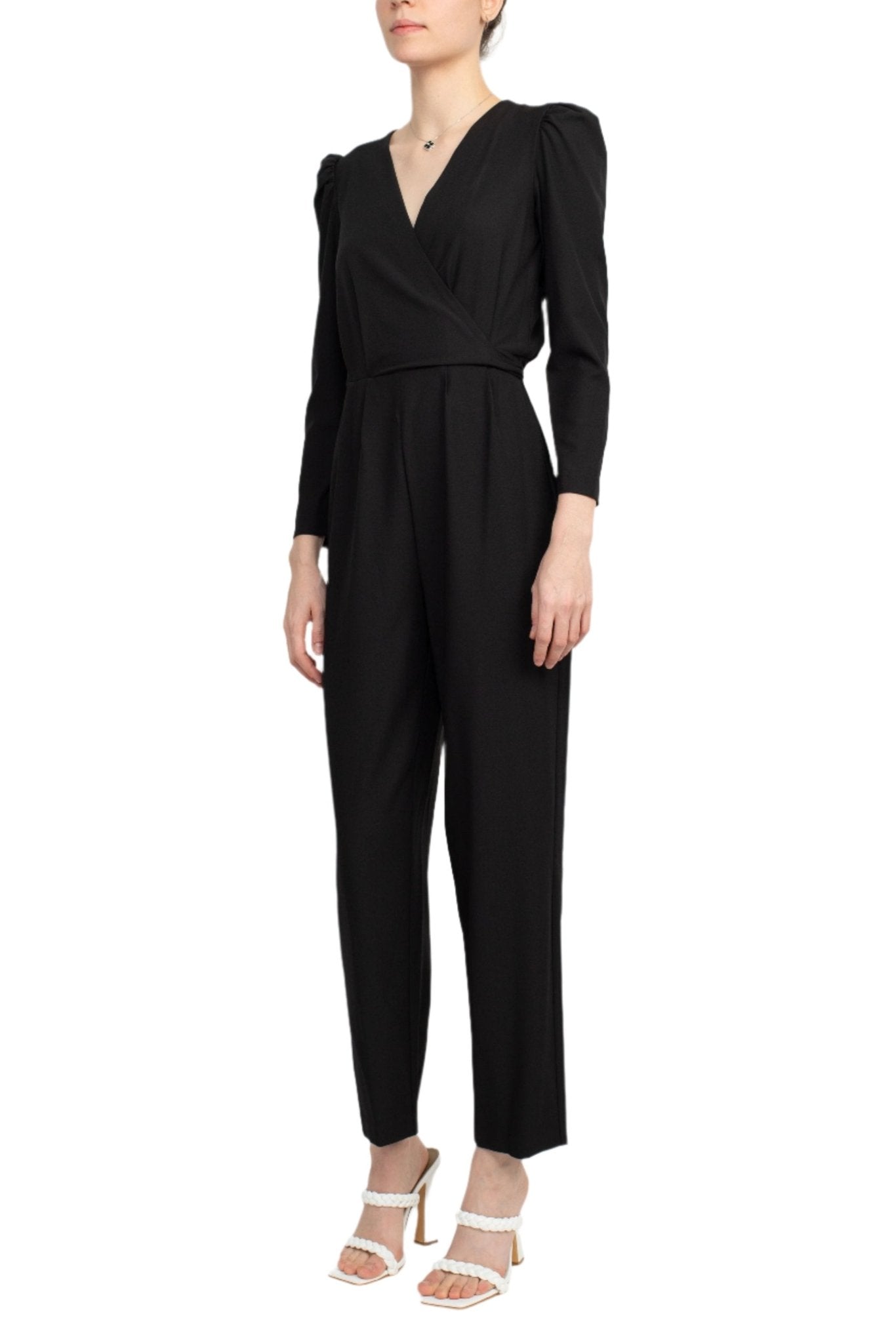 Julia Jordan V - Neck Long Sleeve Tie Back Zipper Back Solid Stretch Crepe Jumpsuit - Glamourous Grace