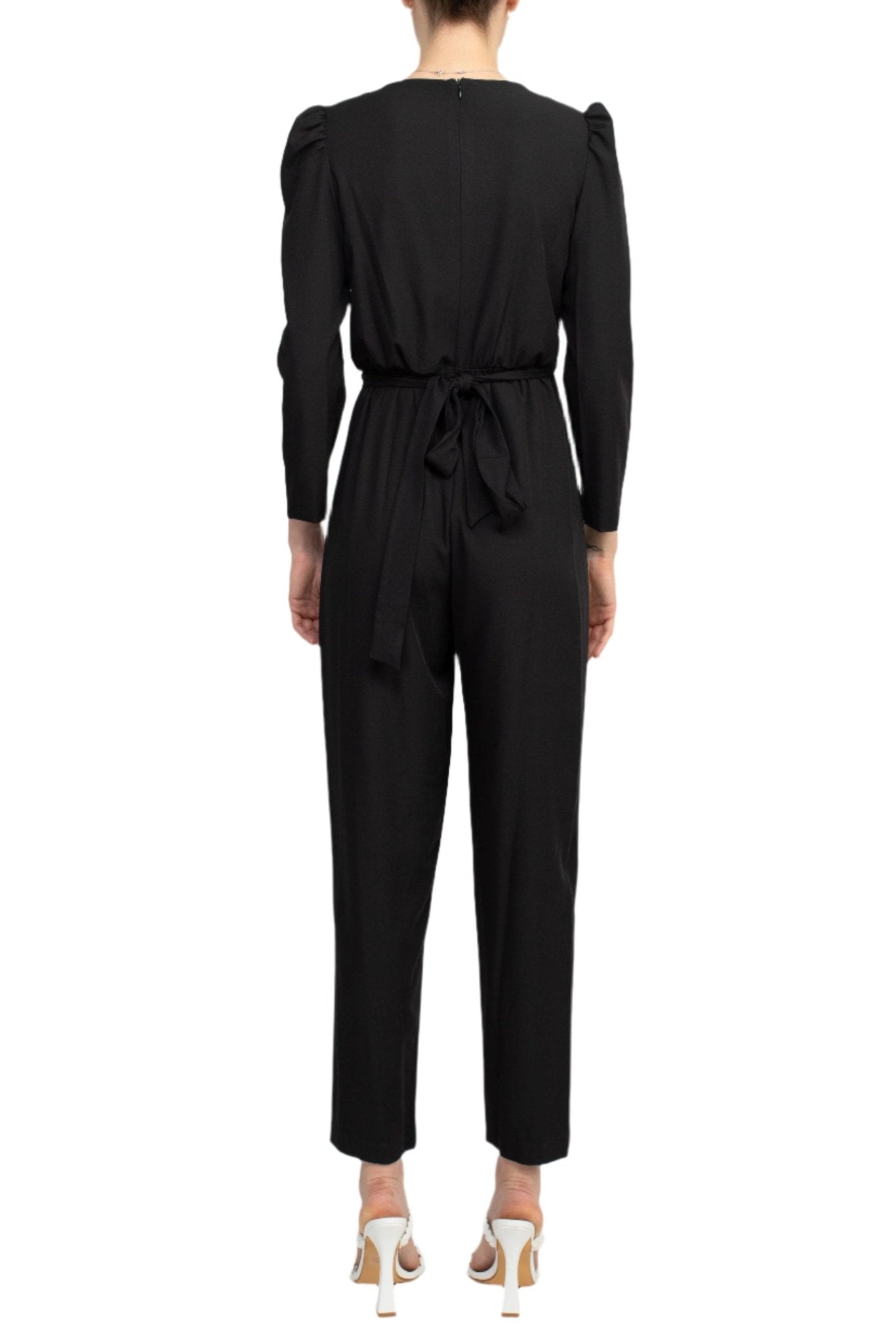 Julia Jordan V - Neck Long Sleeve Tie Back Zipper Back Solid Stretch Crepe Jumpsuit - Glamourous Grace