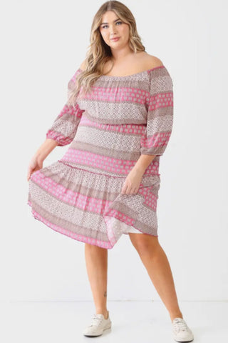 Plus Combo Printed Ruffle Flare Hem Mini Dress