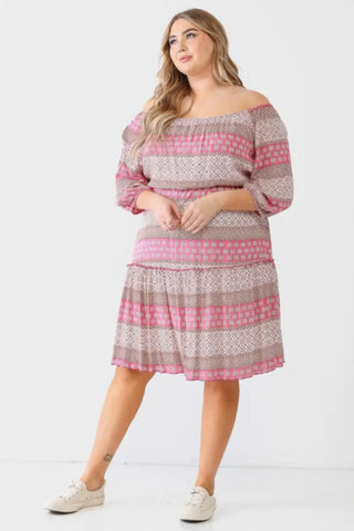 Plus Combo Printed Ruffle Flare Hem Mini Dress