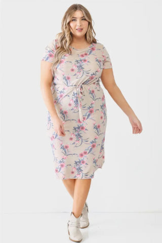 Plus Floral Print Short Sleeve Crew Neck Midi Dress