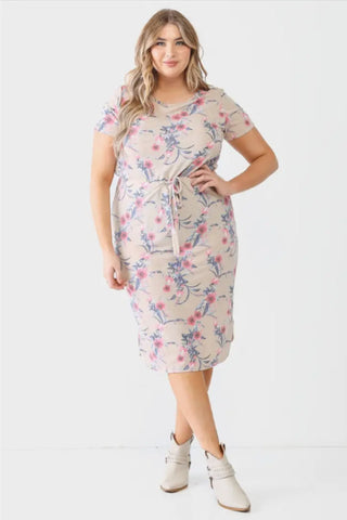 Plus Floral Print Short Sleeve Crew Neck Midi Dress