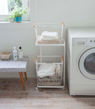 Rolling Laundry Cart + Wire Baskets (38" H)  - Steel + Wood - By Baano