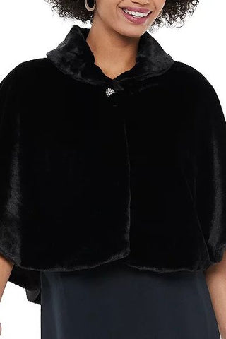 Nina Leonard Collared Cap Sleeve One Button Closure Solid Faux Fur Jacket - Glamourous Grace