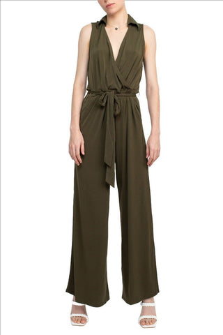 Nina Leonard V - Neck Pull Over Sleeveless Front Tie Waist Jersey Jumpsuit - Glamourous Grace