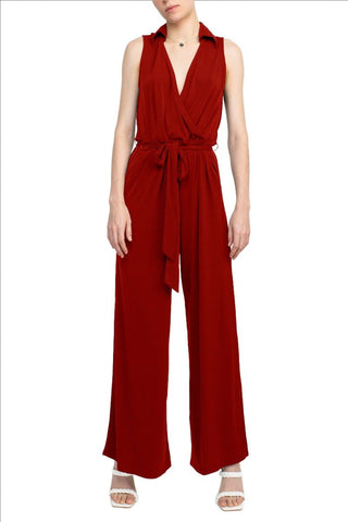 Nina Leonard V - Neck Pull Over Sleeveless Front Tie Waist Jersey Jumpsuit - Glamourous Grace
