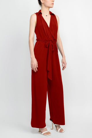 Nina Leonard V - Neck Pull Over Sleeveless Front Tie Waist Jersey Jumpsuit - Glamourous Grace