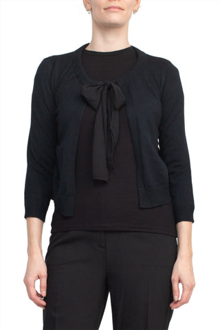 Nina Leonard Crew Neck Tie Neck 3/4 Sleeve Open Front Solid Rayon Bolero - Glamourous Grace
