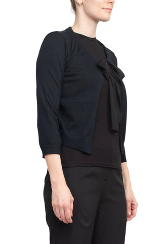 Nina Leonard Crew Neck Tie Neck 3/4 Sleeve Open Front Solid Rayon Bolero - Glamourous Grace