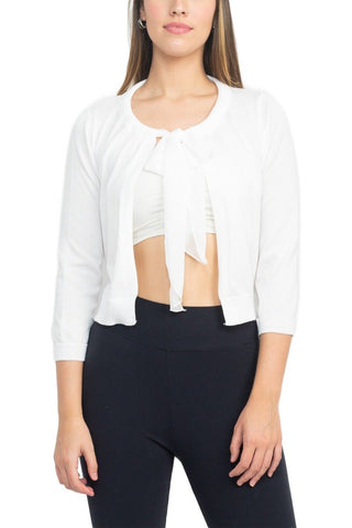 Nina Leonard Crew Neck Tie Neck 3/4 Sleeve Open Front Solid Rayon Bolero - Glamourous Grace