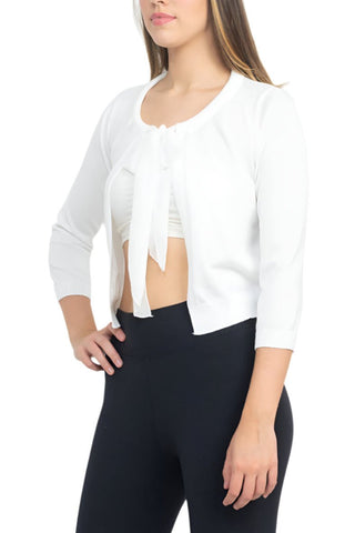 Nina Leonard Crew Neck Tie Neck 3/4 Sleeve Open Front Solid Rayon Bolero - Glamourous Grace