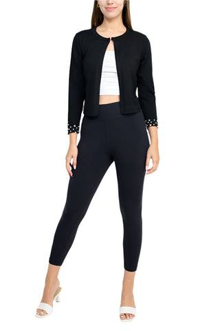 Nina Leonard Crew Neck Hook Closure 3/4 Sleeve Embellished Cuff Solid Knit Bolero - Glamourous Grace