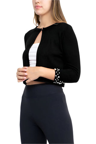 Nina Leonard Crew Neck Hook Closure 3/4 Sleeve Embellished Cuff Solid Knit Bolero - Glamourous Grace