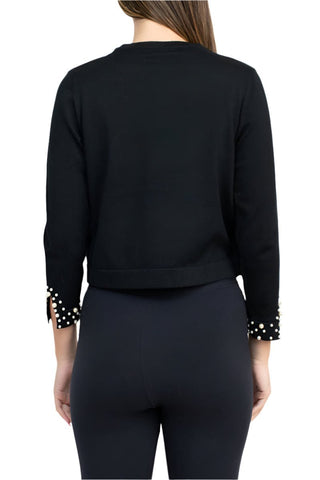 Nina Leonard Crew Neck Hook Closure 3/4 Sleeve Embellished Cuff Solid Knit Bolero - Glamourous Grace
