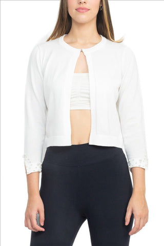 Nina Leonard Crew Neck Hook Closure 3/4 Sleeve Embellished Cuff Solid Knit Bolero - Glamourous Grace