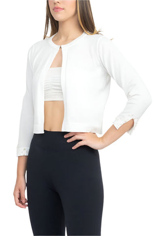 Nina Leonard Crew Neck Hook Closure 3/4 Sleeve Embellished Cuff Solid Knit Bolero - Glamourous Grace