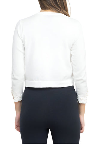 Nina Leonard Crew Neck Hook Closure 3/4 Sleeve Embellished Cuff Solid Knit Bolero - Glamourous Grace