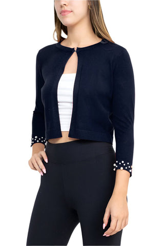Nina Leonard Crew Neck Hook Closure 3/4 Sleeve Embellished Cuff Solid Knit Bolero - Glamourous Grace