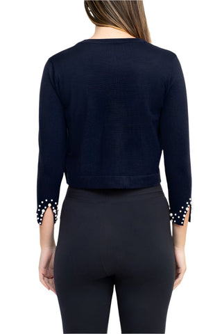 Nina Leonard Crew Neck Hook Closure 3/4 Sleeve Embellished Cuff Solid Knit Bolero - Glamourous Grace