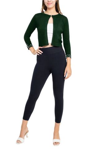 Nina Leonard Crew Neck Hook Closure 3/4 Sleeve Embellished Cuff Solid Knit Bolero - Glamourous Grace
