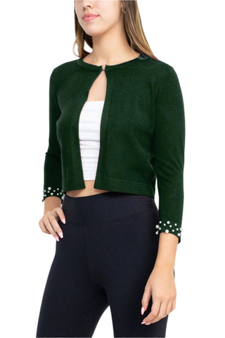 Nina Leonard Crew Neck Hook Closure 3/4 Sleeve Embellished Cuff Solid Knit Bolero - Glamourous Grace