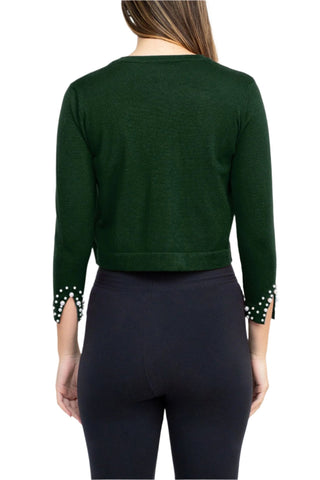 Nina Leonard Crew Neck Hook Closure 3/4 Sleeve Embellished Cuff Solid Knit Bolero - Glamourous Grace
