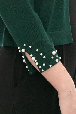 Nina Leonard Crew Neck Hook Closure 3/4 Sleeve Embellished Cuff Solid Knit Bolero - Glamourous Grace