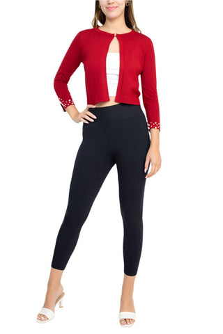 Nina Leonard Crew Neck Hook Closure 3/4 Sleeve Embellished Cuff Solid Knit Bolero - Glamourous Grace