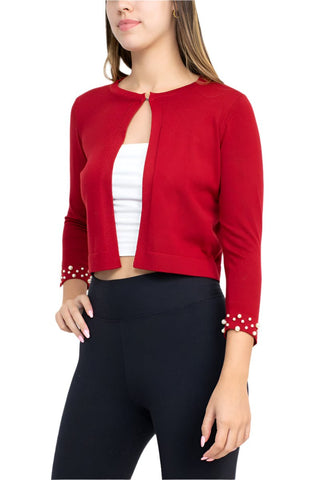 Nina Leonard Crew Neck Hook Closure 3/4 Sleeve Embellished Cuff Solid Knit Bolero - Glamourous Grace