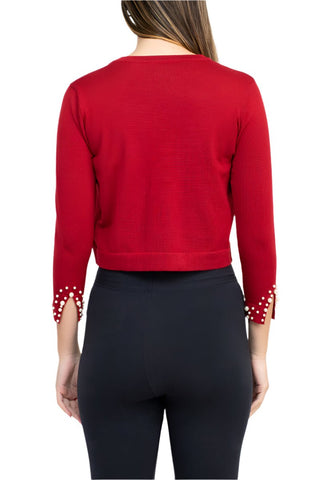 Nina Leonard Crew Neck Hook Closure 3/4 Sleeve Embellished Cuff Solid Knit Bolero - Glamourous Grace