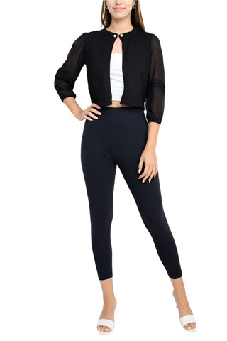 Nina Leonard Crew Neck Closure Knit Bodice 3/4 Chiffon Sleeve Solid Bolero - By Baano