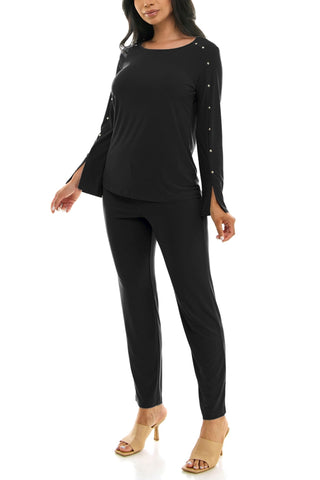 Nina Leonard Scoop Neck Embellished Shoulder Long Sleeve With Elastic Waist Pant - Glamourous Grace