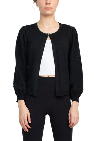Nina Leonard Crew Neck Hook Closure 3/4 Bishop Sleeves Knit Cardigan - Glamourous Grace