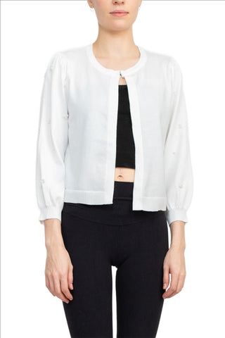 Nina Leonard Crew Neck Hook Closure 3/4 Bishop Sleeves Knit Cardigan - Glamourous Grace