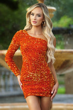 Rita One Sleeve Sequin Mini Dress - Burnt Orange Lady Black Tie