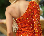 Rita One Sleeve Sequin Mini Dress - Burnt Orange Lady Black Tie