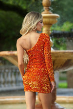 Rita One Sleeve Sequin Mini Dress - Burnt Orange Lady Black Tie