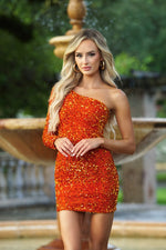 Rita One Sleeve Sequin Mini Dress - Burnt Orange Lady Black Tie