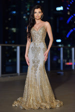 Lyra Gown - Gold Mist - FITTED FLORAL GLITTER PRINT CORSET GOWN Lady Black Tie