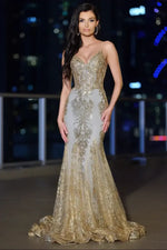 Lyra Gown - Gold Mist - FITTED FLORAL GLITTER PRINT CORSET GOWN