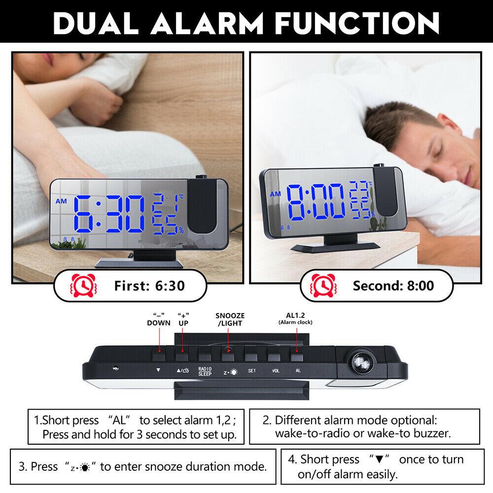 LED Digital Alarm Clock Projection Clock Radios Loud Ceiling Alarm Clock for Heavy Sleepers Snooze Dual Clock Bedside Dimmer with USB Charger Digital LED Clock FM Radio Table Electronic Desktop Clocks USB Wake Up FM Radio Time Projector Snooze Function Stevvex
