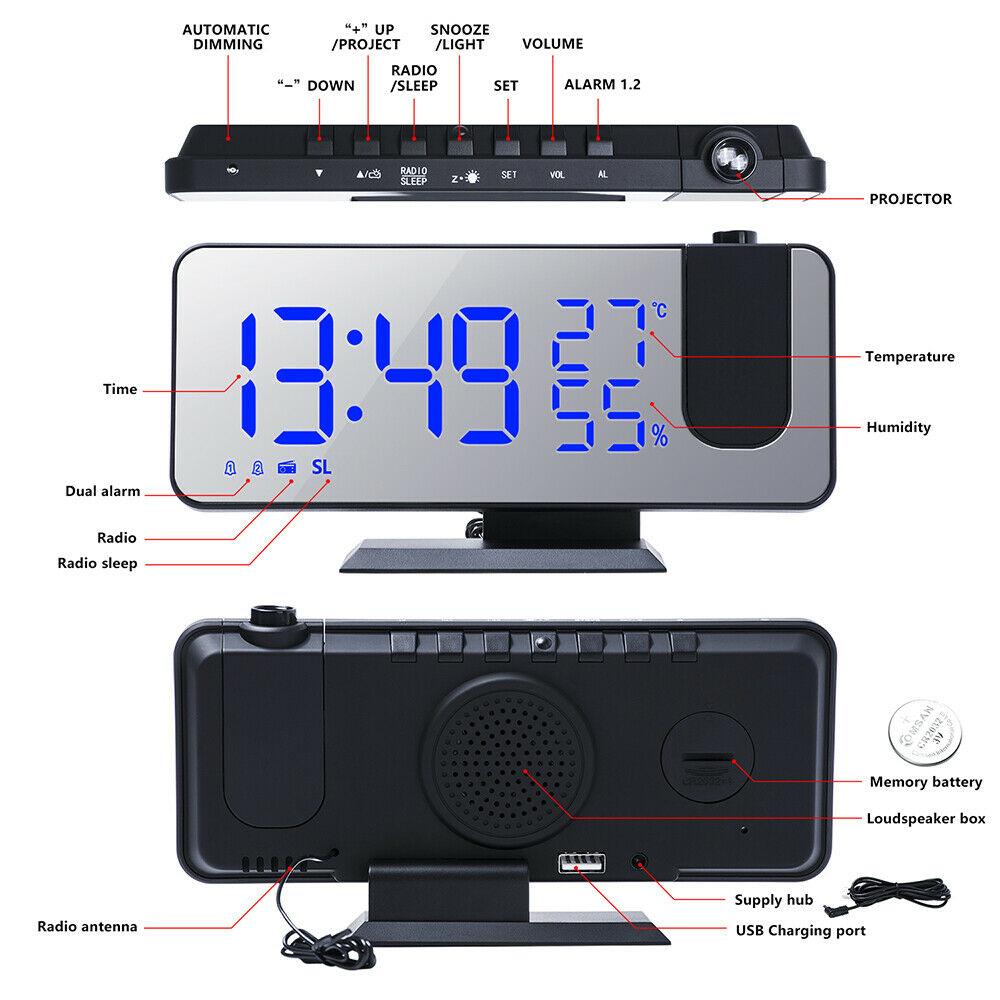 LED Digital Alarm Clock Projection Clock Radios Loud Ceiling Alarm Clock for Heavy Sleepers Snooze Dual Clock Bedside Dimmer with USB Charger Digital LED Clock FM Radio Table Electronic Desktop Clocks USB Wake Up FM Radio Time Projector Snooze Function Stevvex