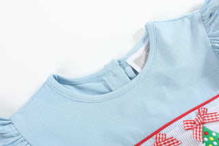 Light Blue Christmas Tree Smocked Knit Dress