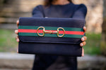 Avery Clutch Black - Red and Green Stripe Band with Snaffle