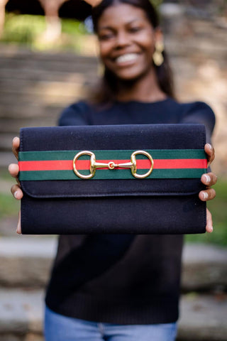 Avery Clutch Black - Red and Green Stripe Band with Snaffle