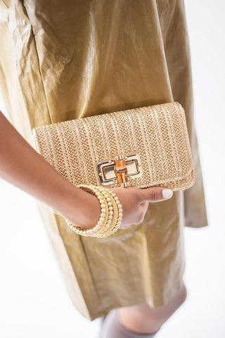 Lilly - Gold Woven Straw Clutch - Bamboo Toggle